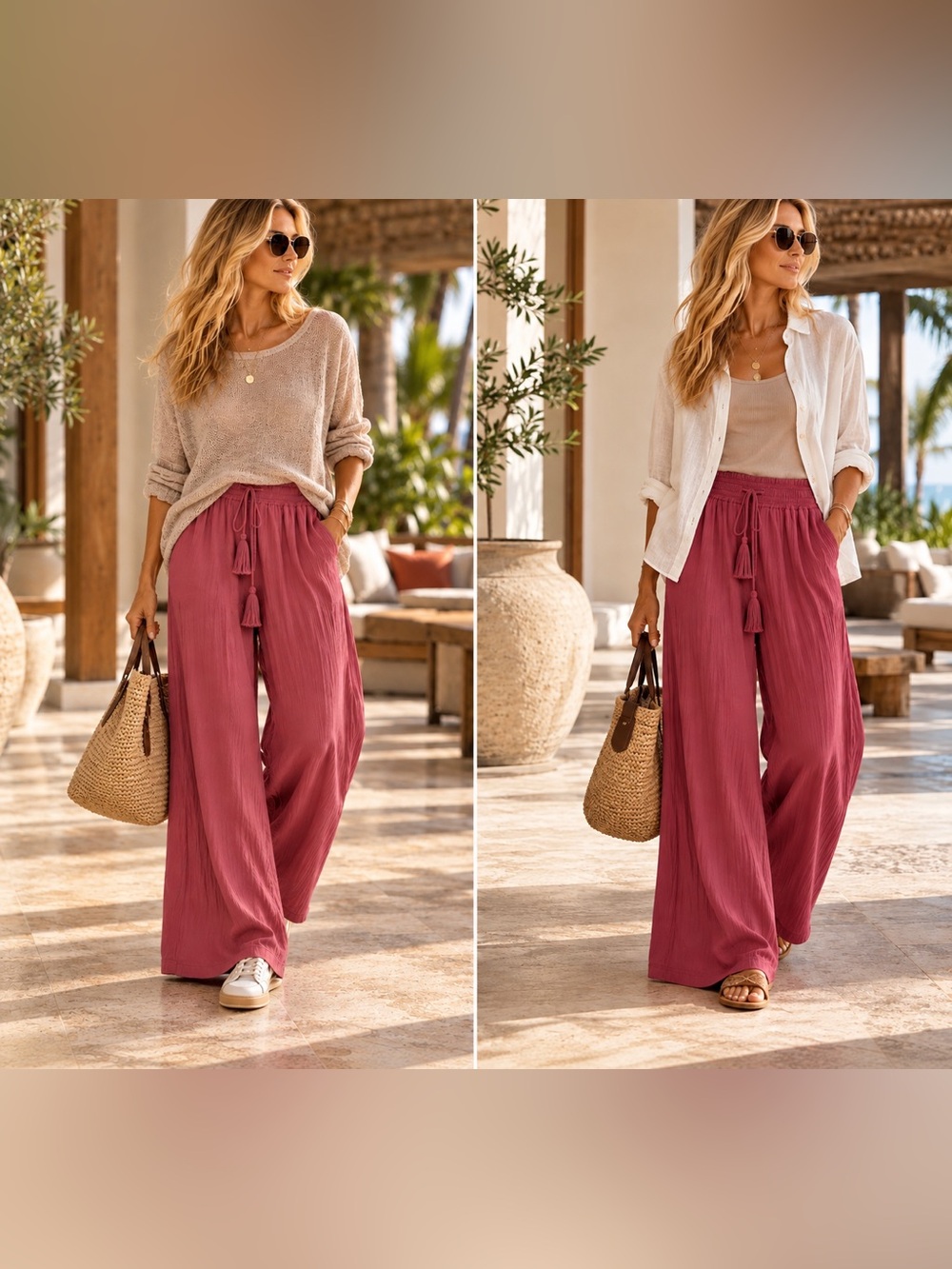 Rewash XL Dusty Rose Wide Leg Palazzo Pants 100% Rayon Tassel Drawstring